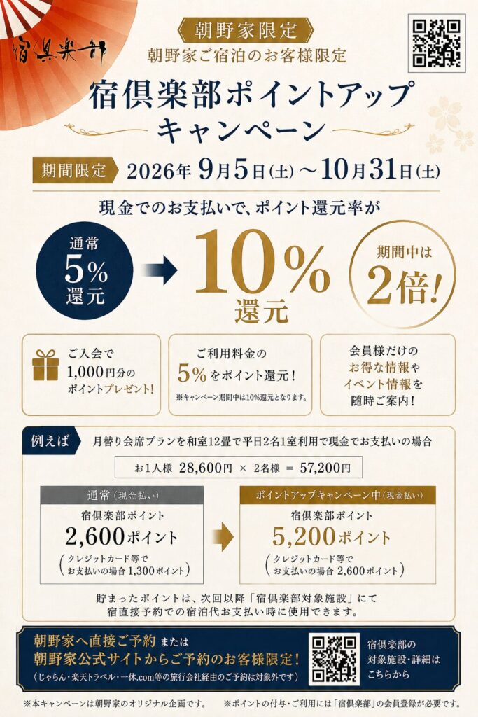 朝野家宿泊限定「宿倶楽部」ポイントアップキャンペーン